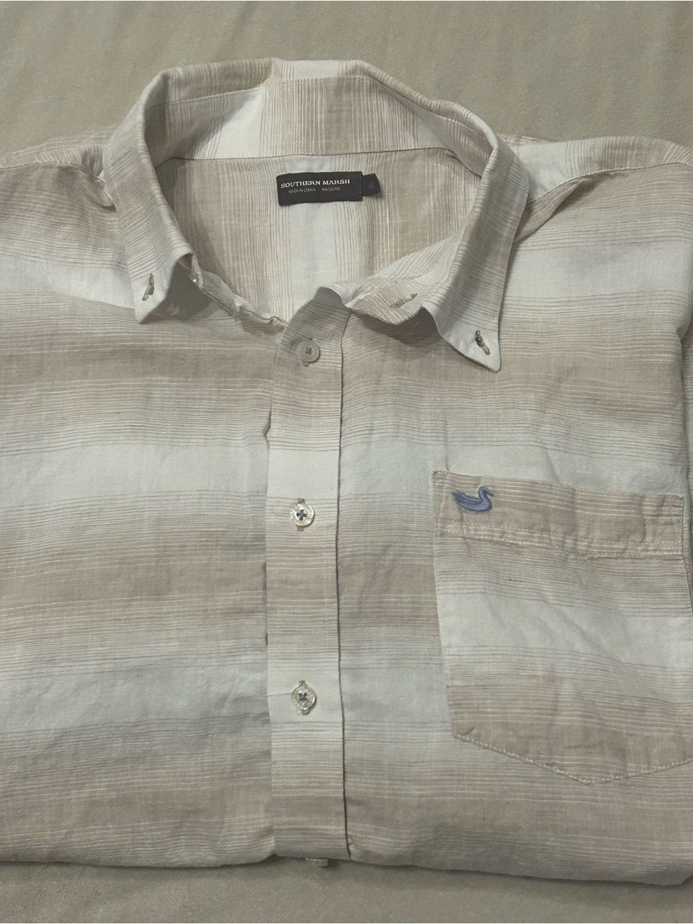 Southern Marsh The Richard Shirt XL Linen Blend Beige White Stripe Short Sleeve